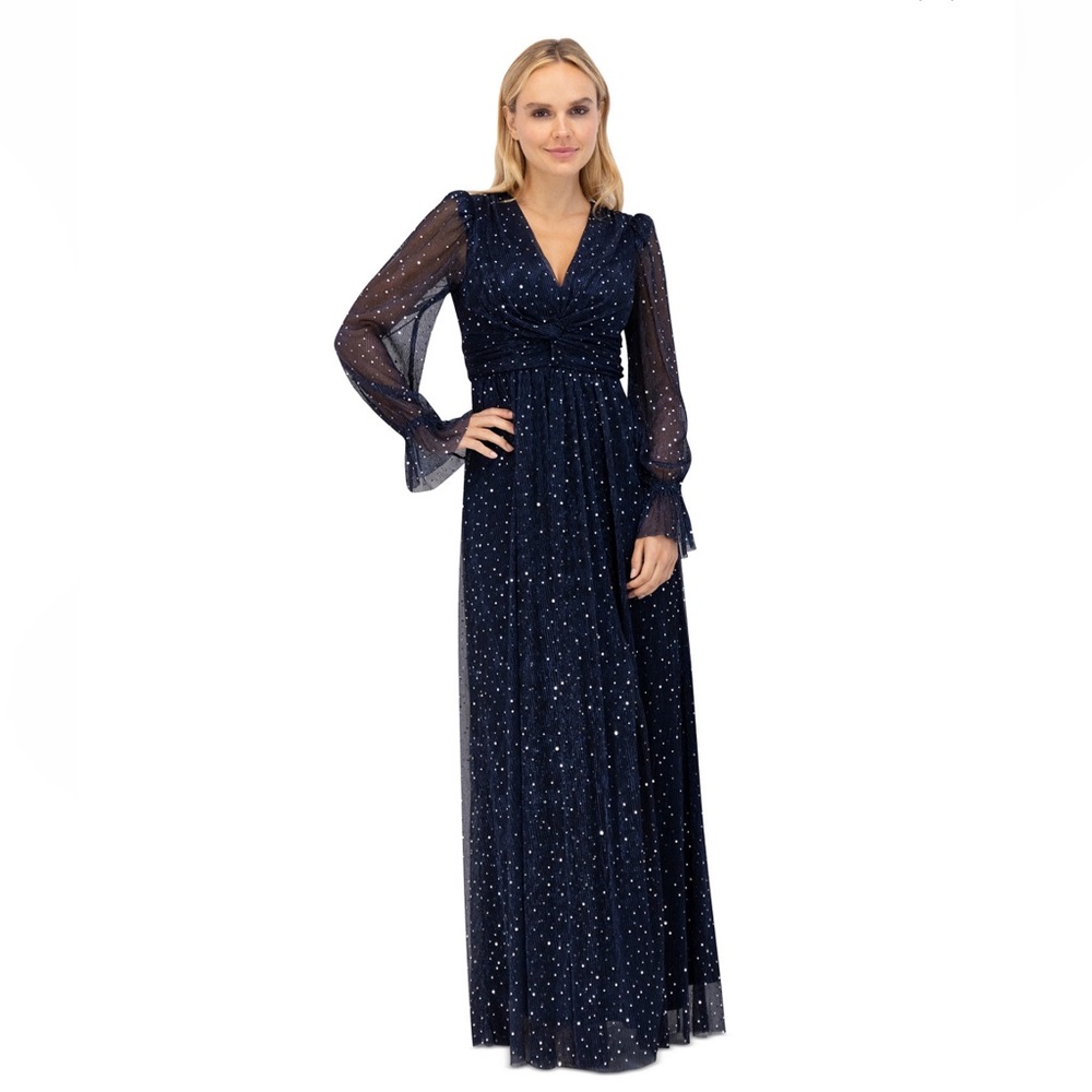 Eliza J Women's Twist-Front Pleated Metallic Knit Gown